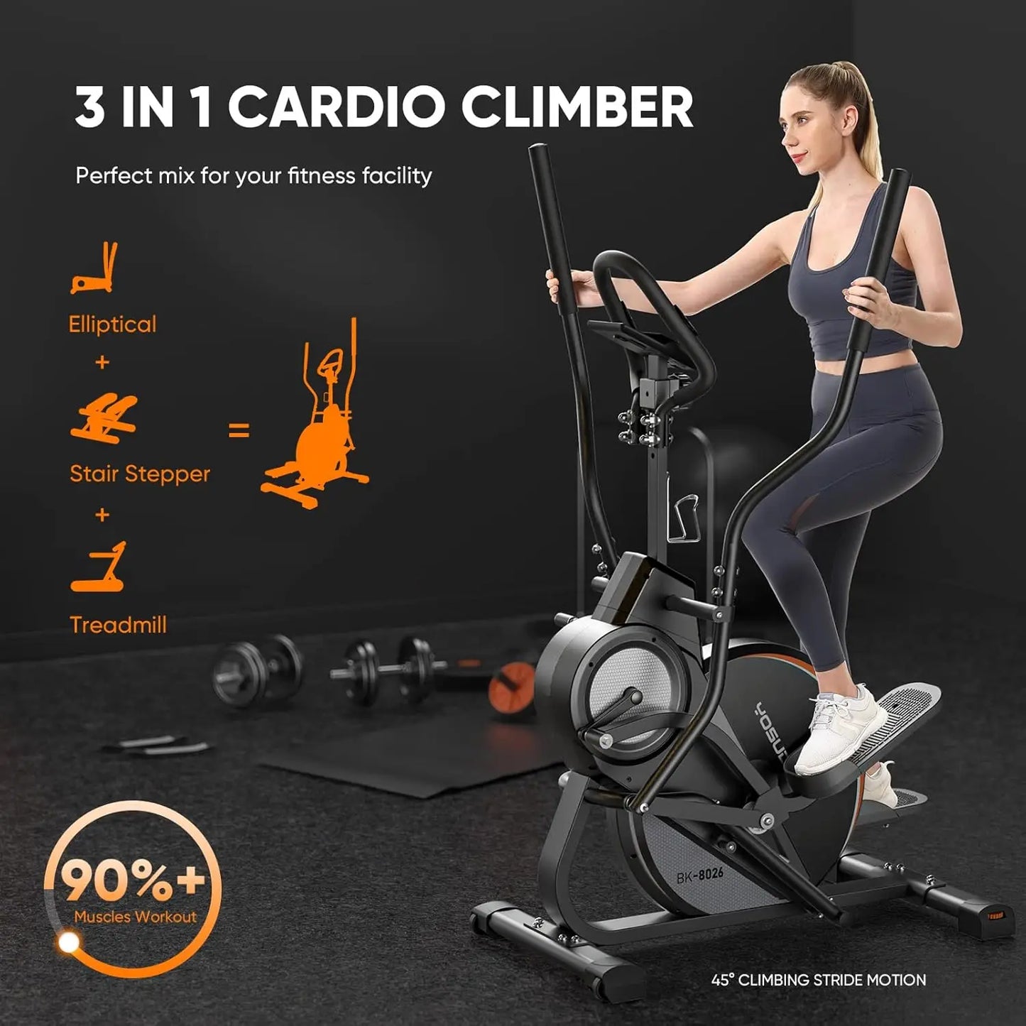 Pro Cardio Climber Stepping Elliptical Machine, 3-in-1/Elliptical Machine Stair Stepper Trainer Total Body Fitness