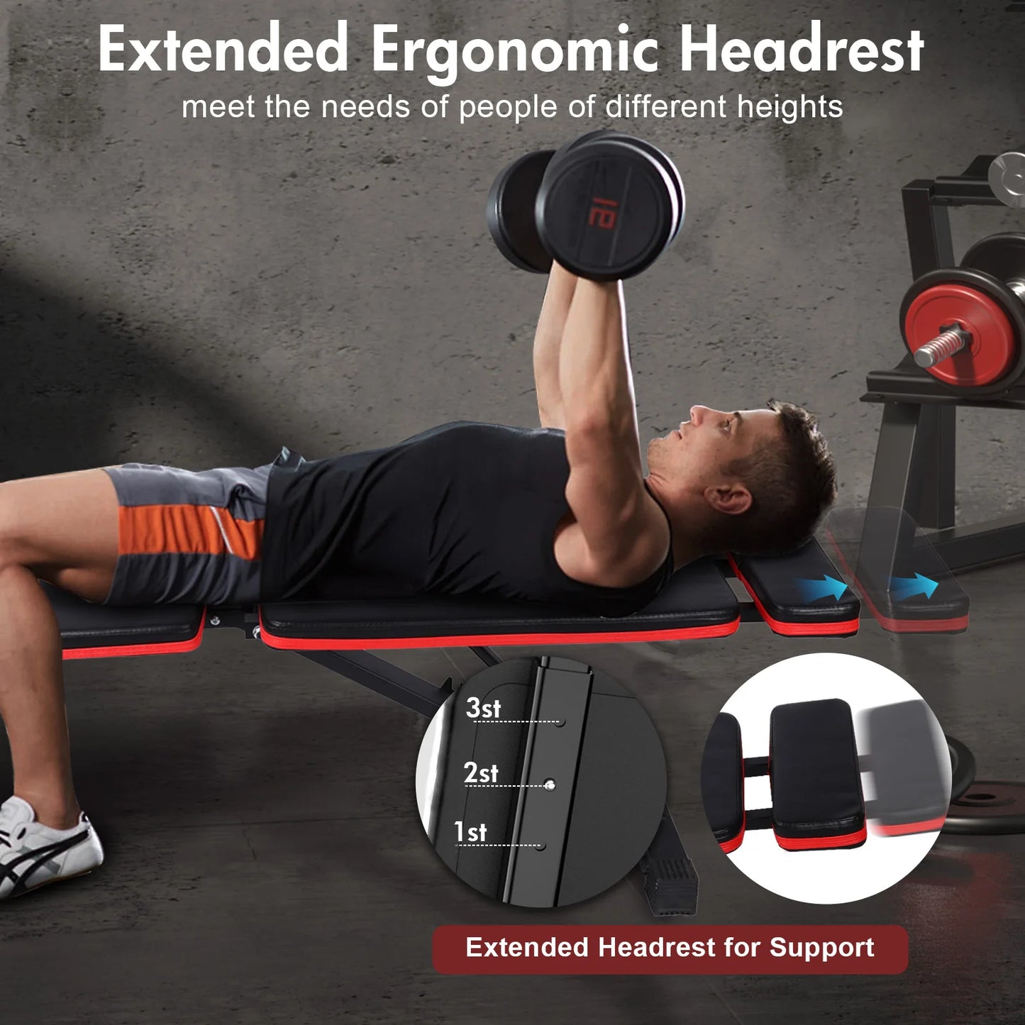 Adjustable Weight Bench 7-Level Foldable with Extended Headrest/Leg Extension Incline Decline Bench 770 lbs Full-Body Strength