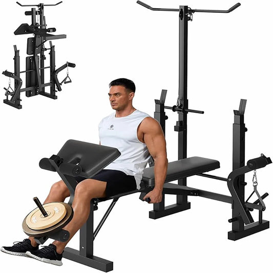 7 IN 1 Weight Bench Set with Squat Rack Adjustable Bench Press Set/with Leg Extensions Foldable Workout Bench for Home Gym