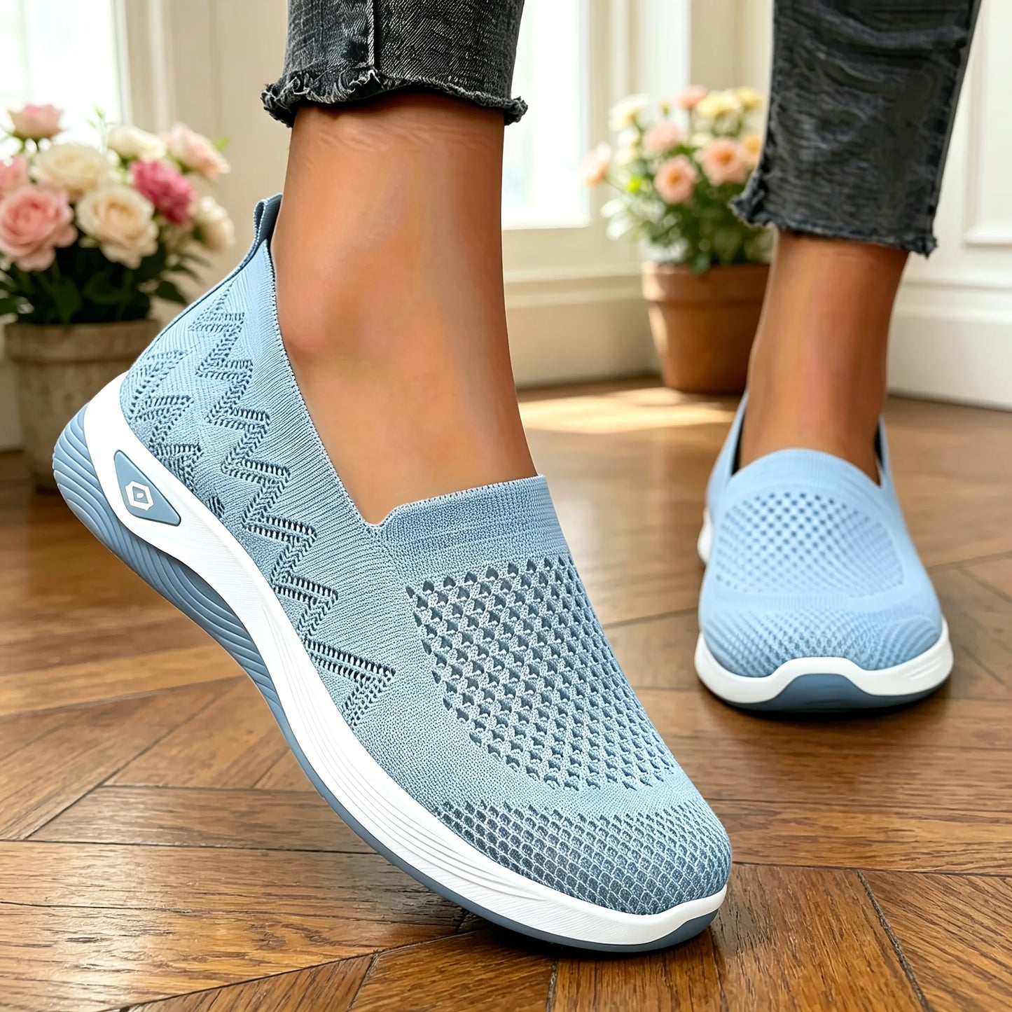 Women Hollow Flying Knit Slip On Wedge Walking Shoes Breathable Mesh/Lightweight Cushion Platform Non Slip Soft Sole Comfort Loafers