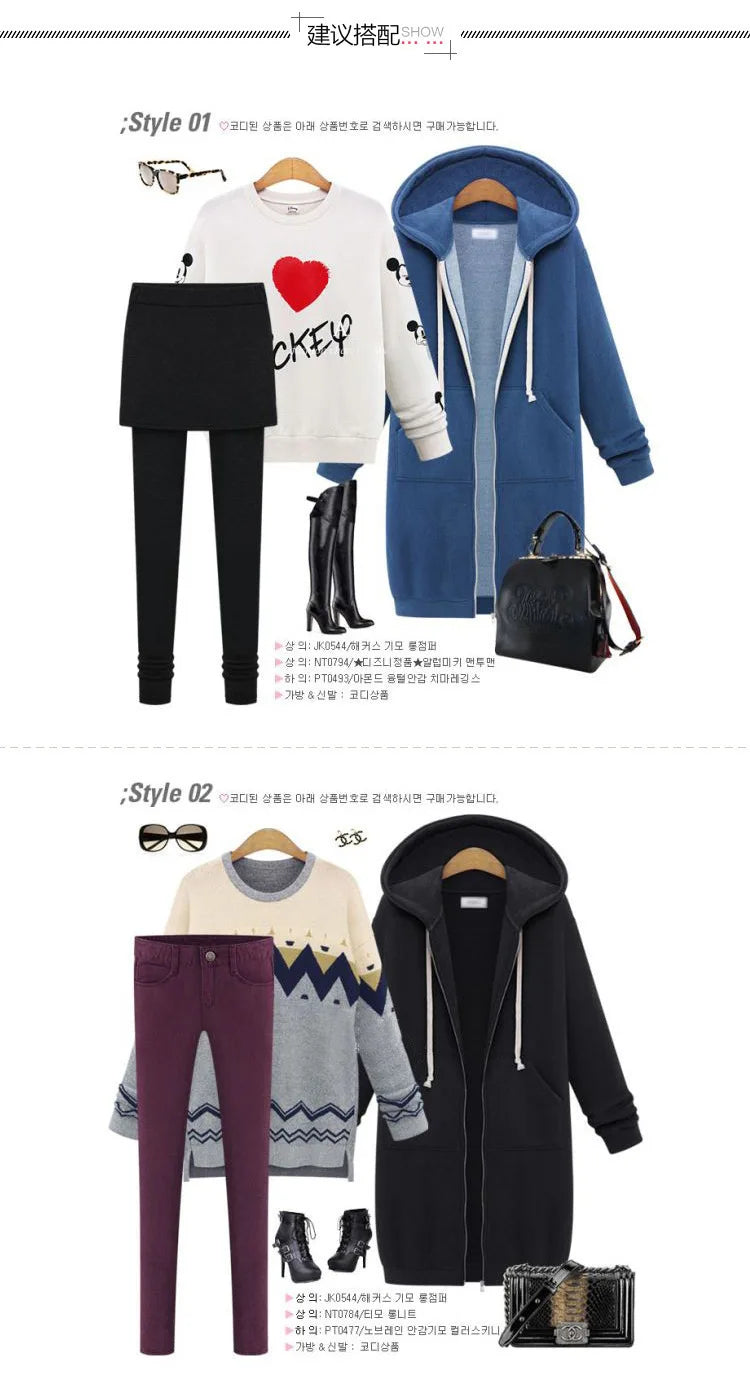 Autumn and Winter Women's Clothing American Hooded/Long-sleeved Medium and Long Sweater Fleece Jacket