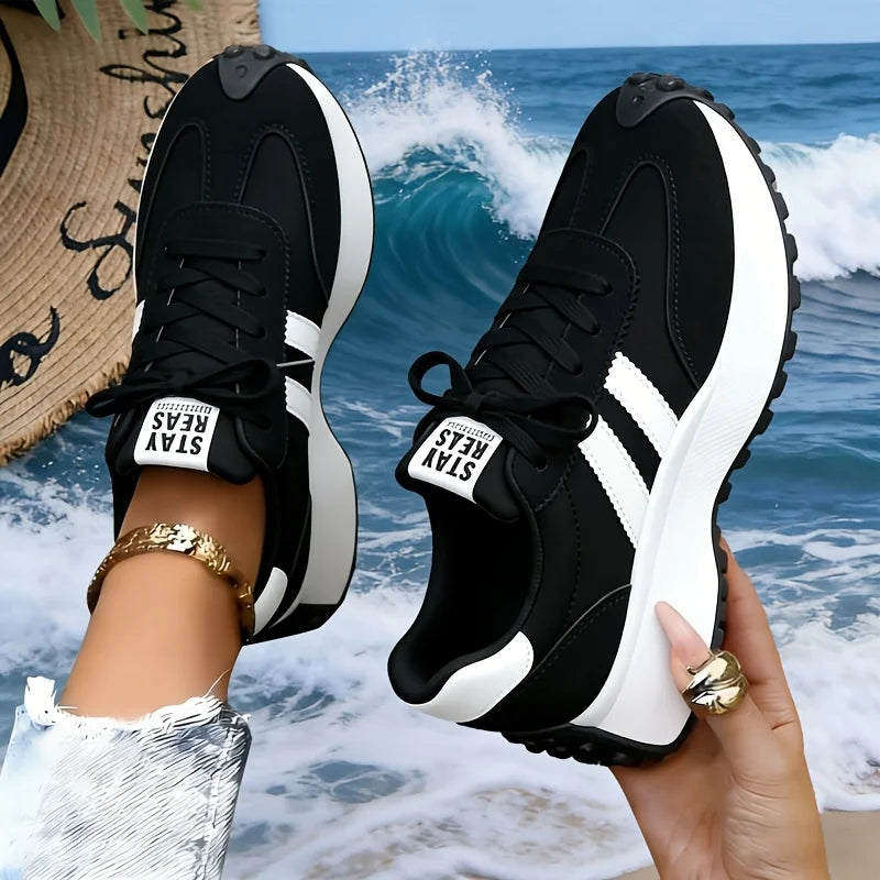 Women Retro Stripe Platform Sneakers Vintage Suede Lace Up/Casual Shoes Thick Sole Non Slip Walking Trainers Fashion