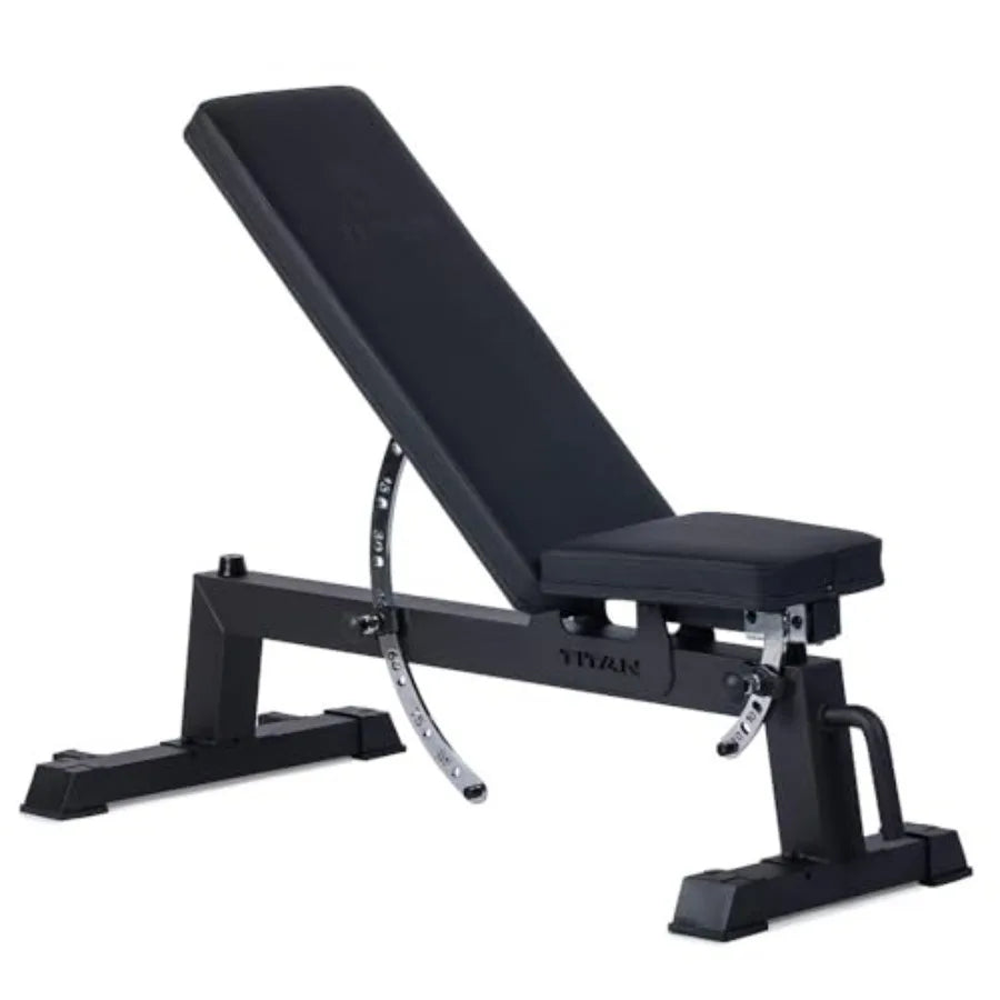 Home gym weightlifting bench: steel, black 650 LB capacity/adjustable flat/incline/upright positions for strength training