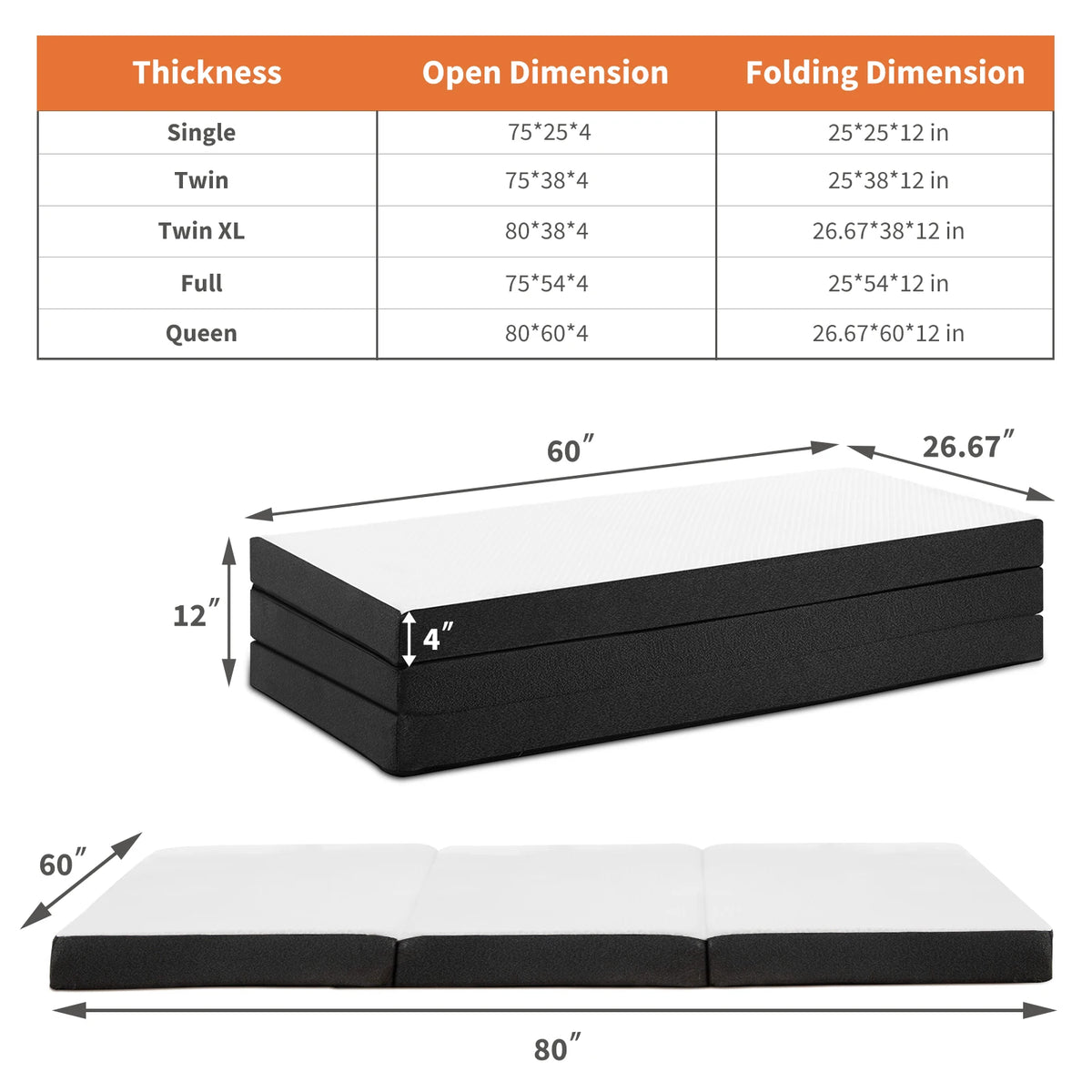 JHK 3-4Inch Soft Mattress Tri-Fold Memory Foam Mattress with Collapsible/and Washable Cover Portable Floor Bed for Travel Yoga