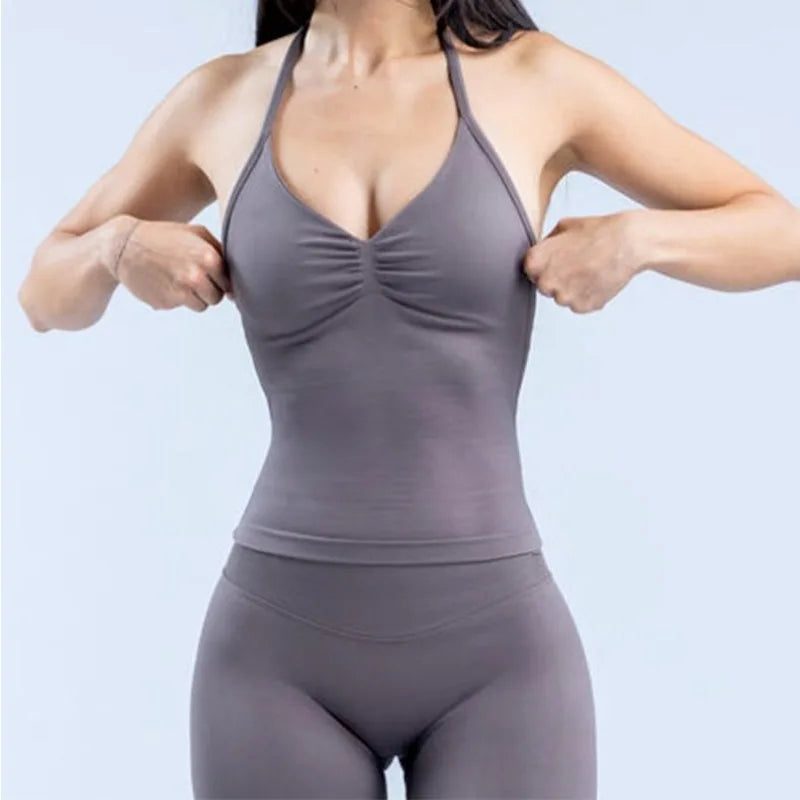 Gym Beautiful Open Back Bra Running Workout Halter Impact/Longline Strappy Top Sports Yoga Vest Women's Fitness Tank Top