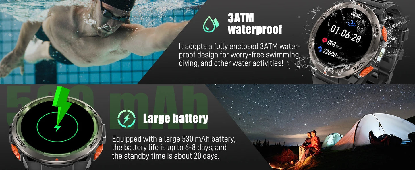 EIGIIS 1.45 Inch Smart Watch KE5 3ATM Waterproof Original Design/Sports Watch With Compass And Altitude Barometer LED Flashlight