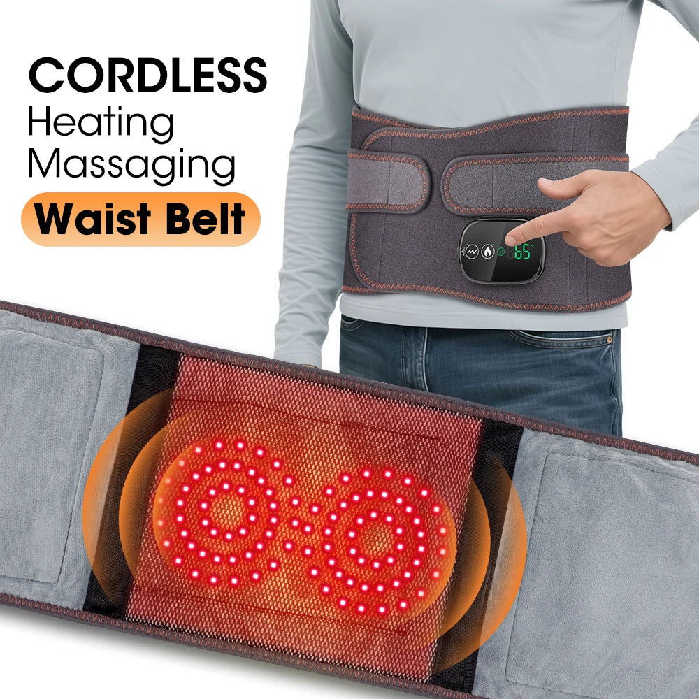 Cordless Heated Waist Massager Belt with Vibration 3-Level Adjustable/Heat & Massage Intensity Rechargeable Lumbar Heating Pad