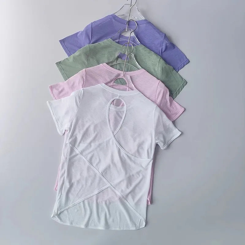 Women's Tight Sports T-shirt Quick Dry Short Sleeve Yoga T-shirt/Pilates Fitting Fitness Back Hollow Out Running crop top women