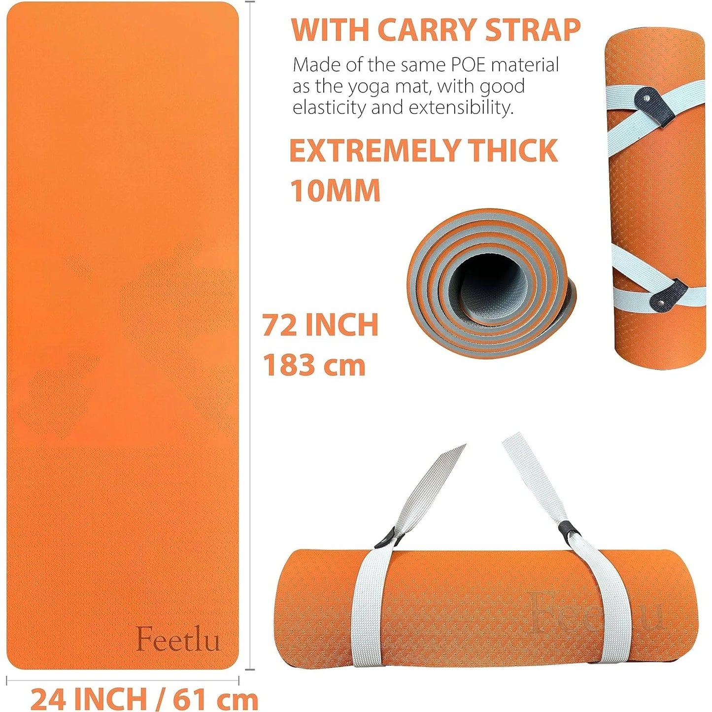 Yoga Mat with Strap 10mm & 12mm Thick Yoga Mat Non-Skid Dual Surface/Workout Mat Eco-Friendly POE Yoga Mats