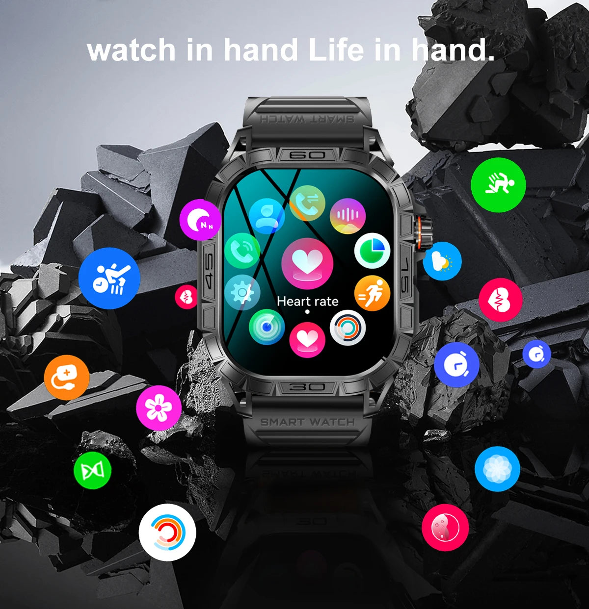 EIGIIS New Smart Watch ED Display 100+ Sport Mode With Compass/IP68 Waterproof Bluetooth Call Heart Rate Blood Pressure Men K63