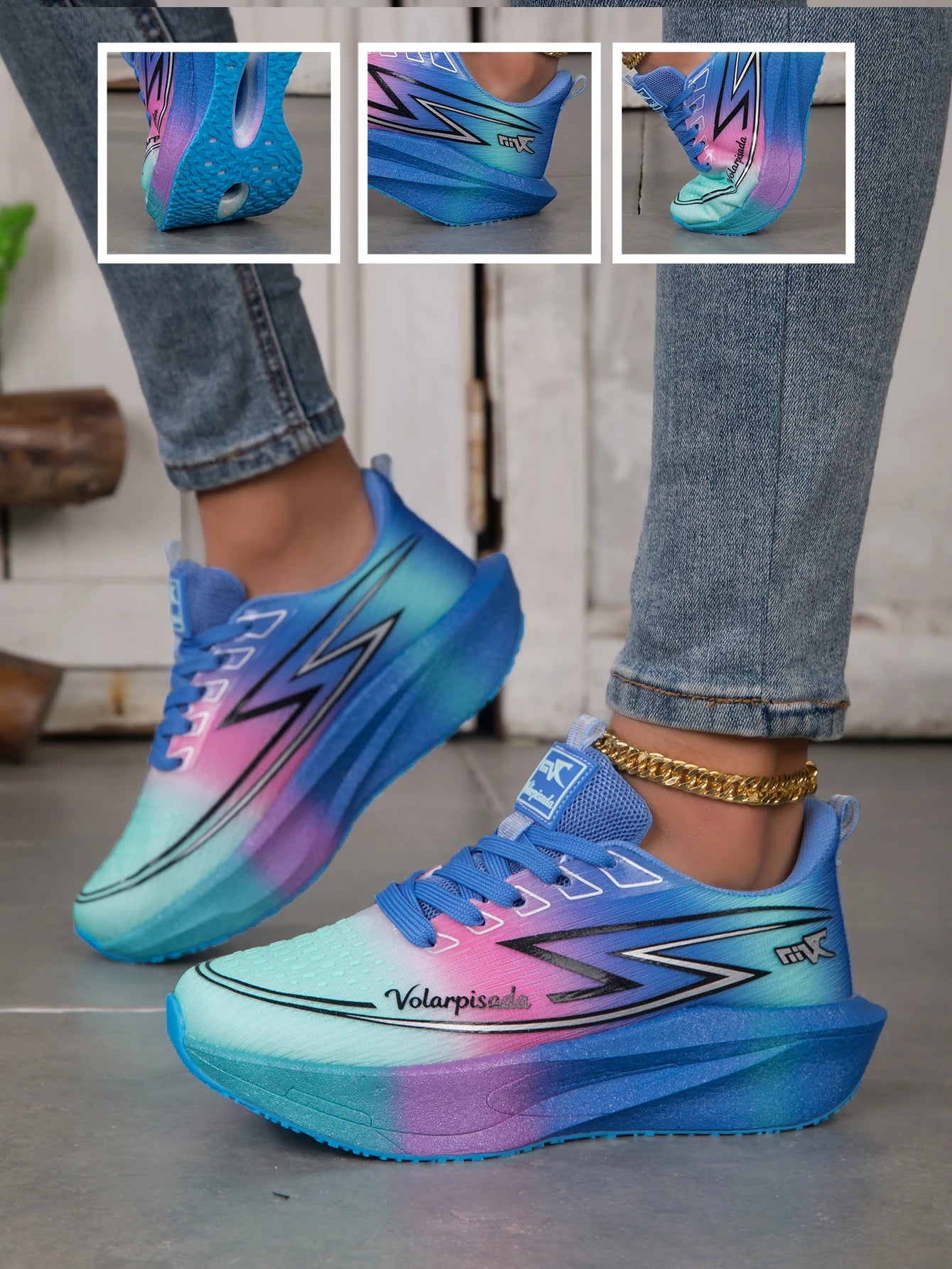Women Gradient Lightning Print Running Sneakers Breathable/Flying Weave Mesh Light Cushion Non Slip Shock Absorb Athletic Shoes