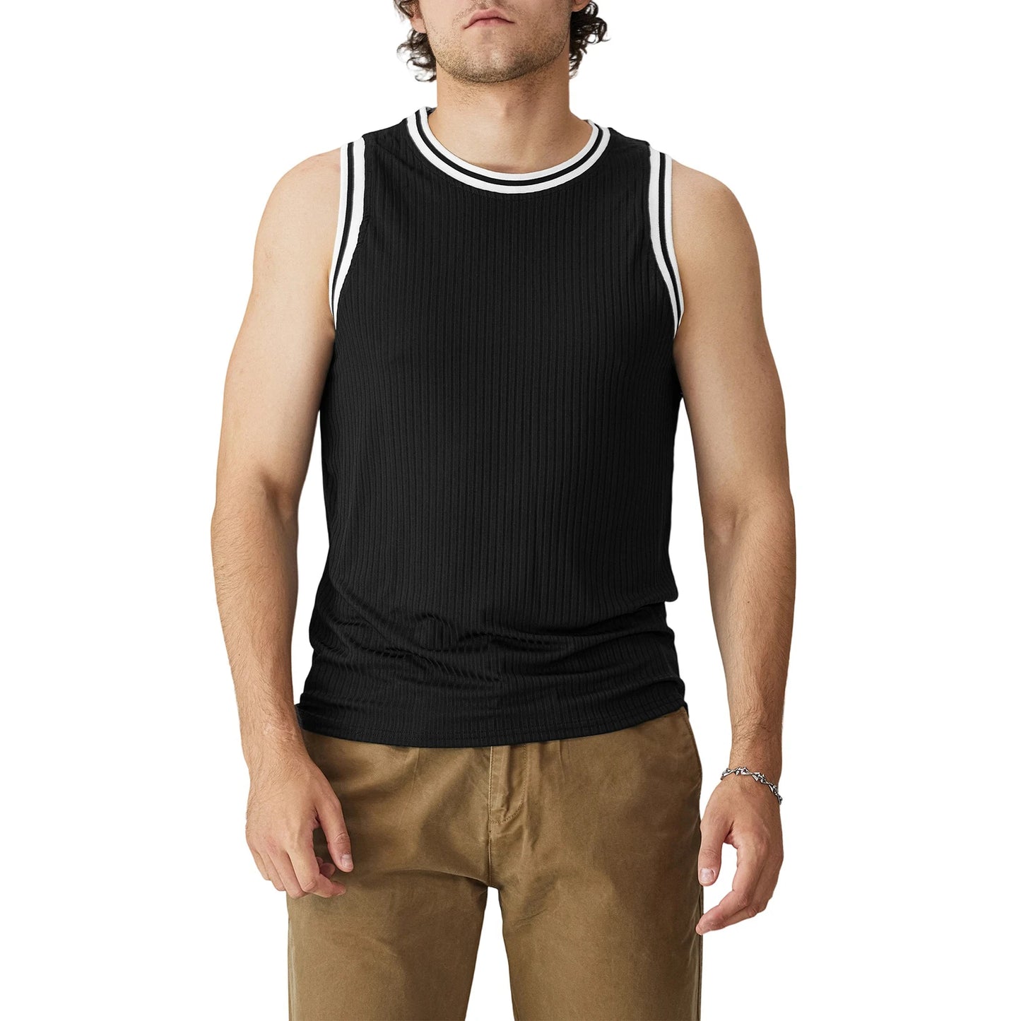 Men s  Fit Ribbed Tank Tops Sleeveless Round Neck Muscle/T Shirts Gym Workout Tops for Summer