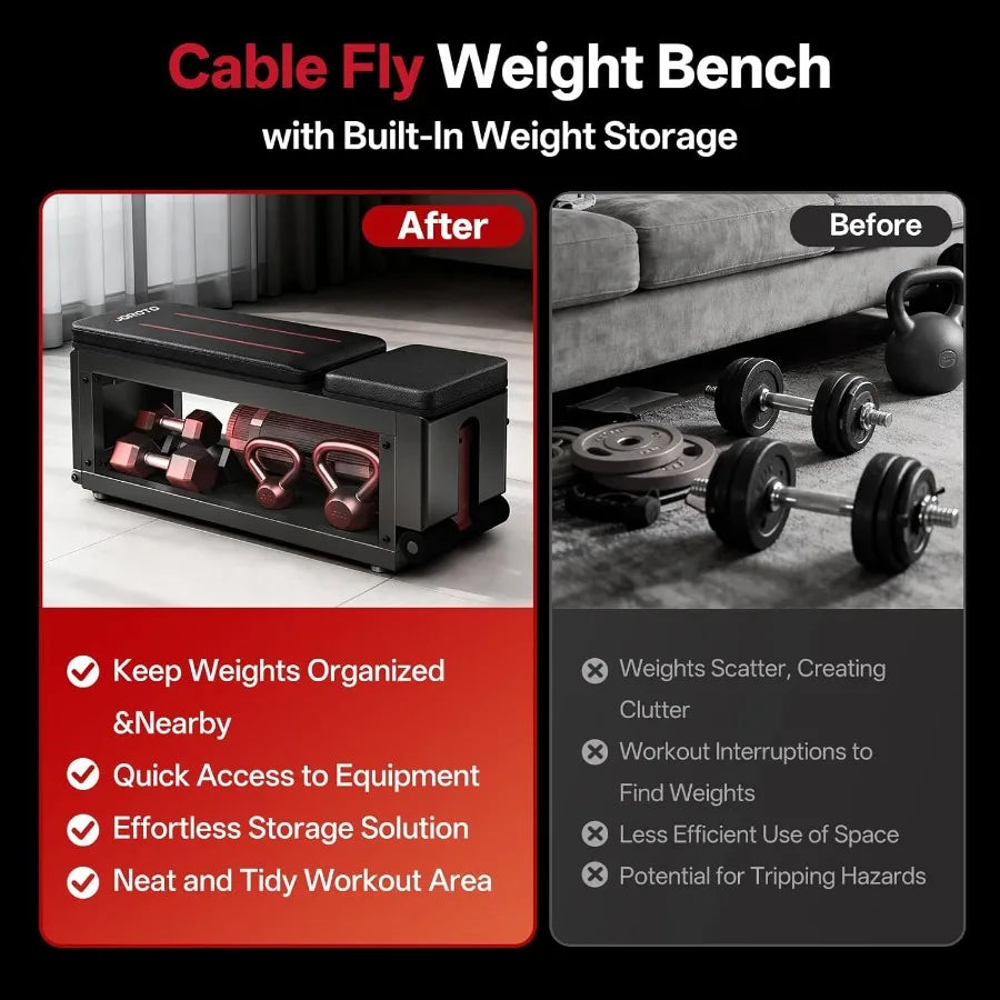 Adjustable Flat Workout Bench with Cable Fly Machine for Home Gym/990 lb Capacity Steel Frame Black Built-in Storage Ideal