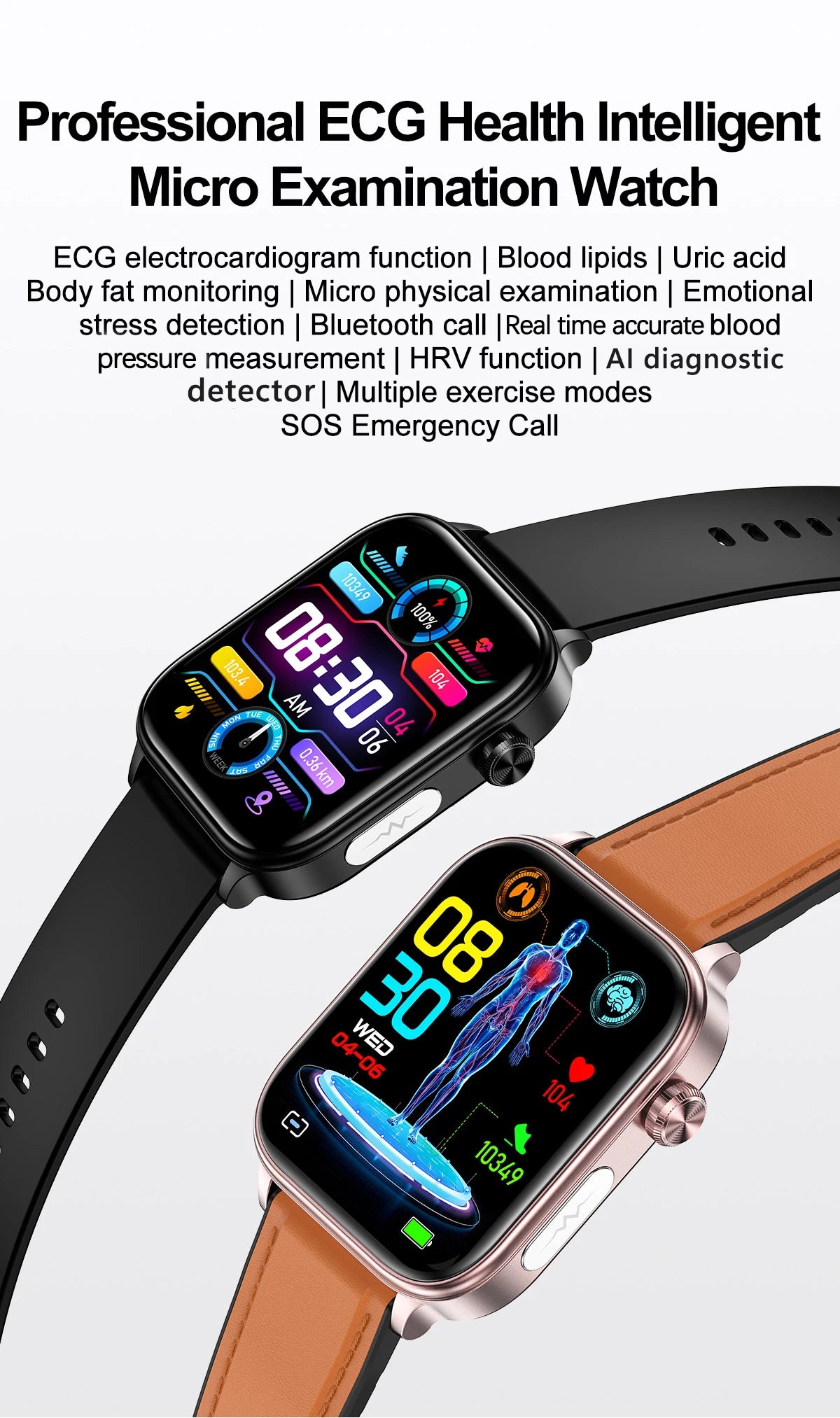 New Al Science Diagnosis Blood Lipids Uric Acid Blood Oxygen/Smart Watch Men ECG+PPG Voice Bluetooth Call Health Smartwatch
