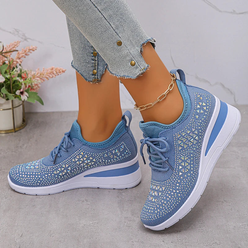 Women's Shiny Rhinestone Wedge Sneakers Breathable Non Slip/Walking Shoes Woman Plus Size Fashion Thick Sole White Sneakers