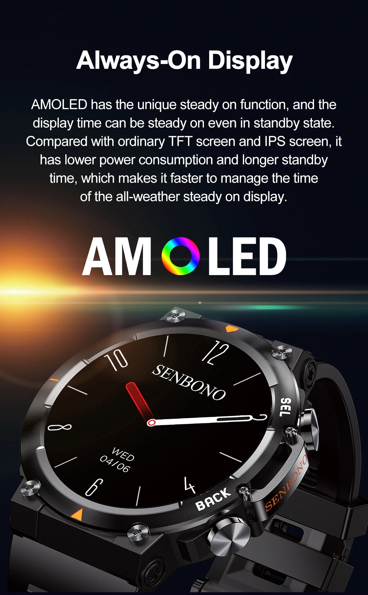 SENBONO MAX18 Smart Watch for Men AMOLED Screen AI GPT Bluetooth Call/410mAh Big Battery Fitness Tracker Men' Sport Smartwatch