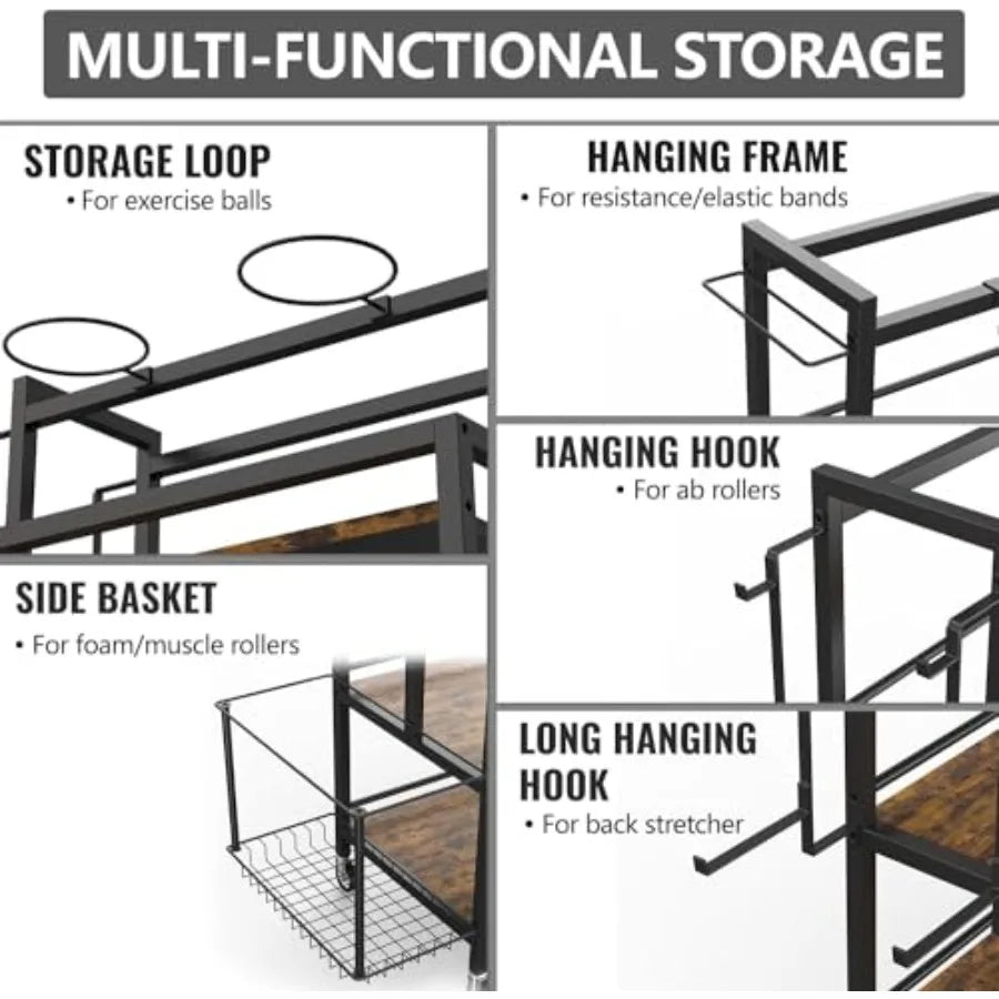 4-Tier Large Capacity Gym Storage Rack for Dumbbells Kettlebells Foam Roller/Yoga Mat Resistance Bands with Hooks and Wheels