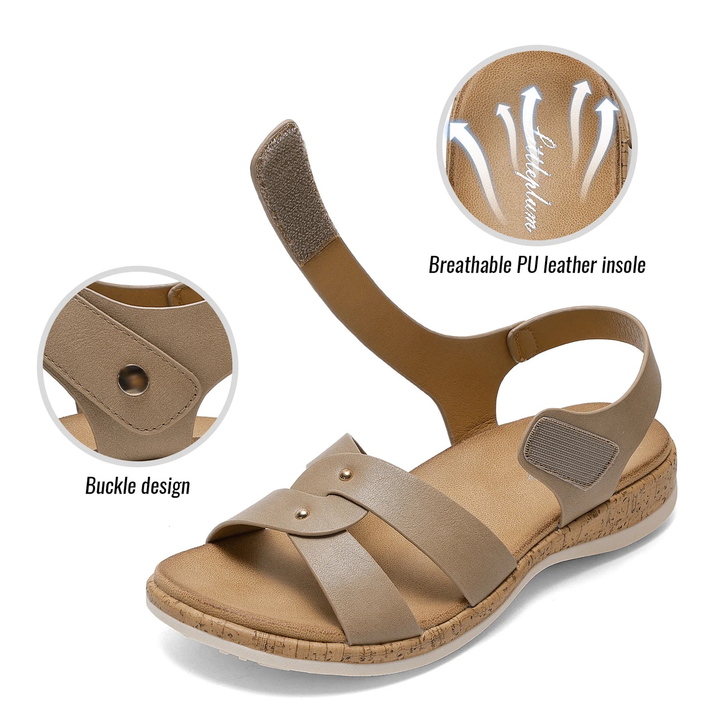 Women Open Toe Flat Sandals Arch Support Adjustable/Comfort Summer Beach Casual Walking Shoes