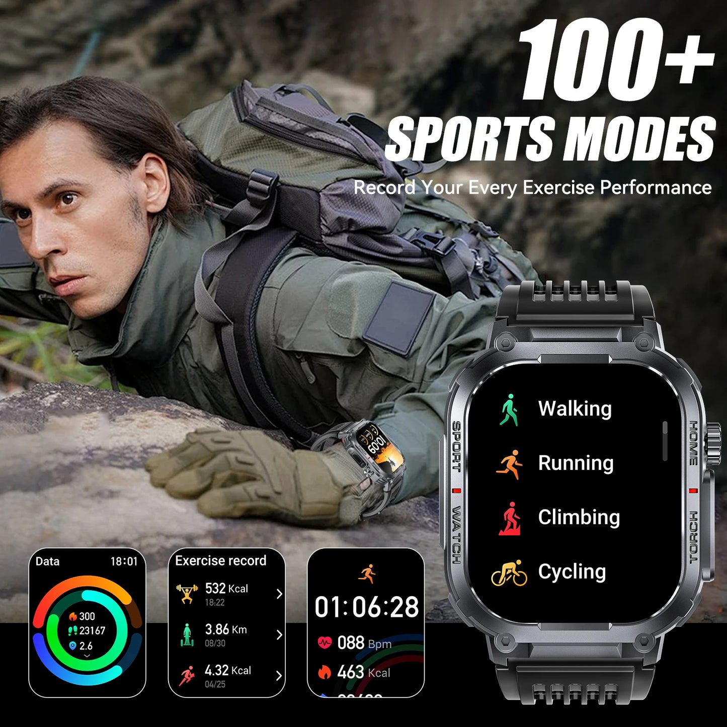EIGIIS New Smart Watch Men 3ATM Waterproof 2.02"S320B With Compass/And LED Flashlight Sports And Fitness Tracking Heart Rate