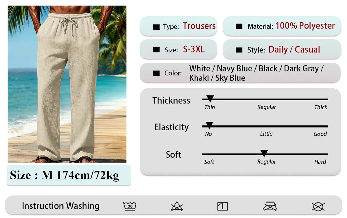 Men's Casual Wide Leg Pants Elastic Waist Drawstring Loose Straight Trousers/with Pockets Lightweight for Beach Vacation Daily Wear