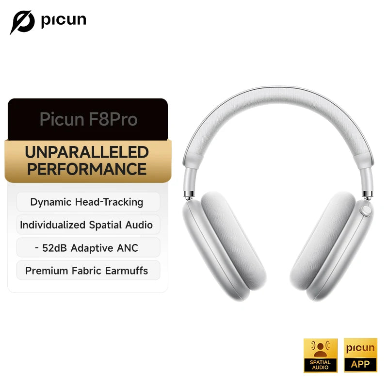 Picun F8 Pro ANC Wireless Headphones 3D Spatial Audio Head Tracking/52dB ANC HIFI Bluetooth Headset ENC HD Mic Low-Latency APP