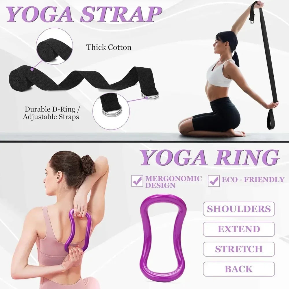 Yoga Wheel 12 in 1 Set with Back Roller for Pain Relief & Deep Tissue Massage/Yoga Blocks 2 Pack with Yoga Ring Yoga Strap