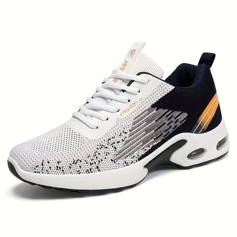 Men Breathable Flying Woven Mesh Running Shoes Cushion Air Sole/Shock Absorbing Athletic Sneakers, Lightweight Lace Up Non Slip Shoes