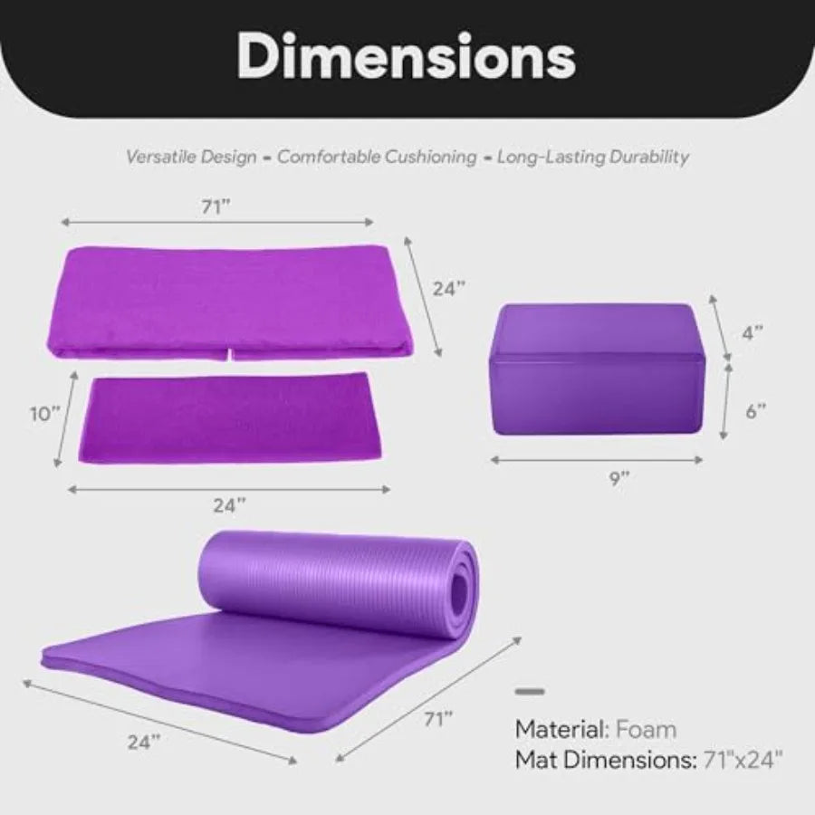 7-Piece Yoga Set with 71x24x1 Inches Extra Thick Mat/and Carrying Sling Includes 2 Blocks, Stretch Strap 2 Towels and Knee Pads