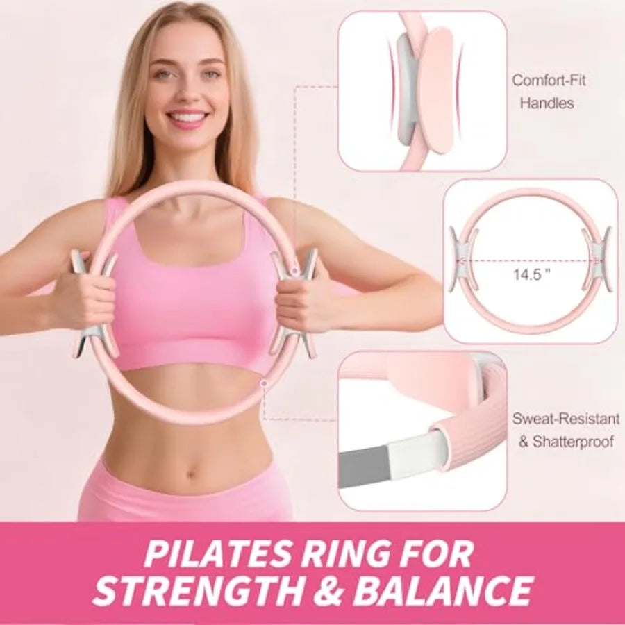 Home Pilates Workout Kit for Women with 14.5 Ring Ball/Resistance Bands Dumbbells Grip Socks in Black and Blue