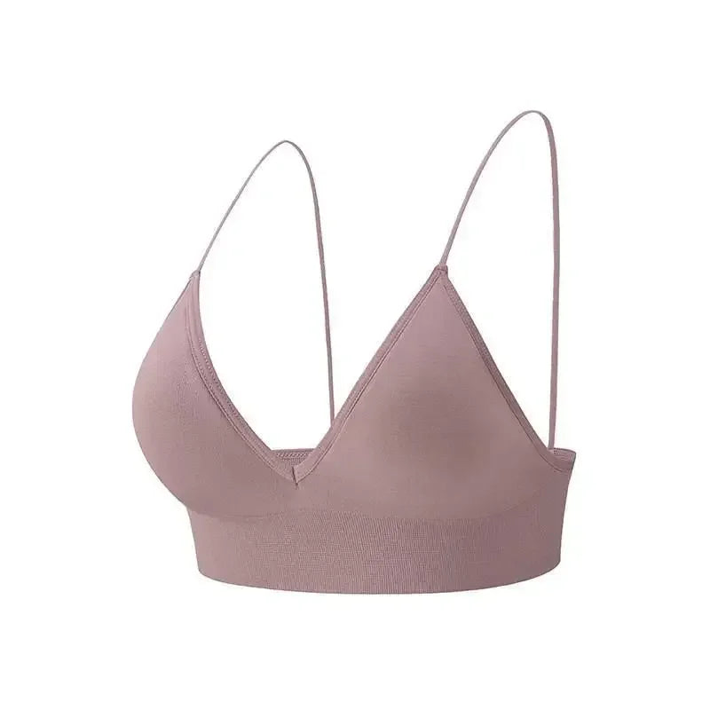 Women V Neck Seamless Triangle Cup Bra Camisole Breathable Gather Up/Chest Wrapped Underwear for Sports Fitness Yoga Casual