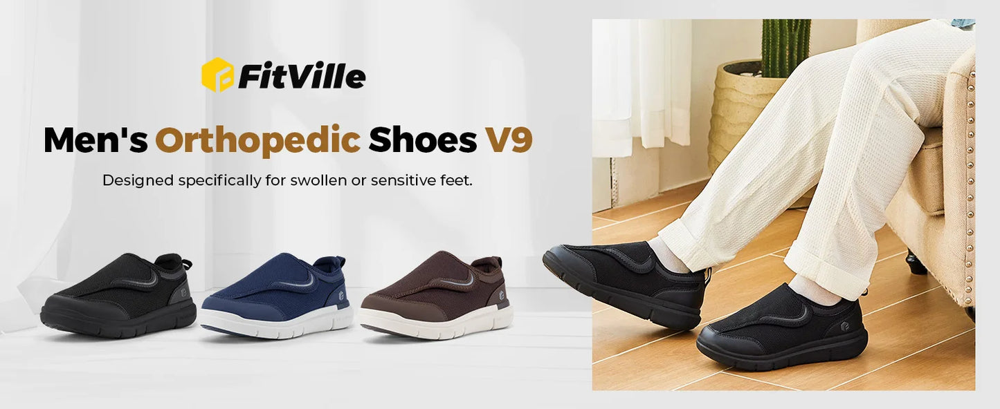 FitVille Men's Diabetic Shoes Extra Wide for Elder Orthopedics Feet Swollen/Adjustable Walking Shoe Elderly Foot Pain Relief