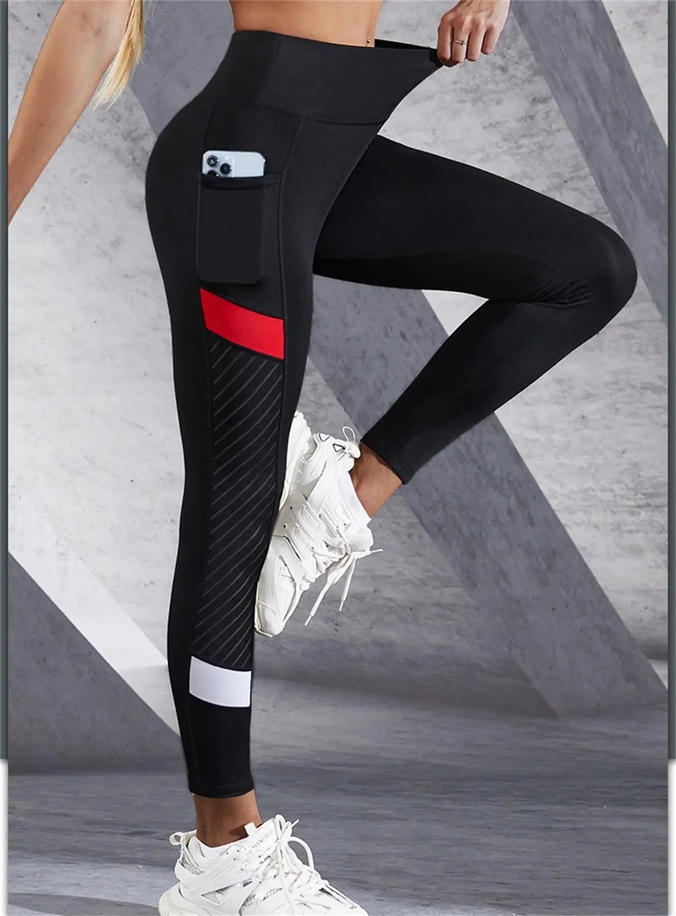 Color blocked Mesh High Waist Yoga Pants with Side Pockets/Leggings for Women Tummy Control Workout Shaping Leggings