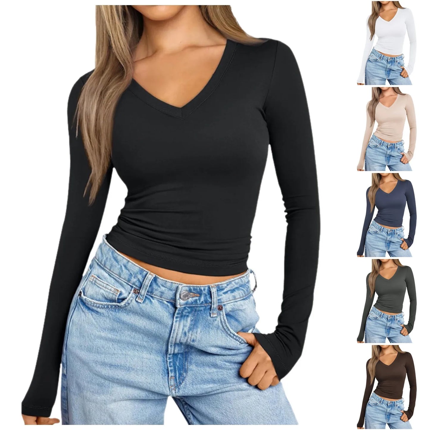 Long Sleeve Compression T Shirts for Women Ladies Slim Fit/Fashionable Pure Desire V Neck Tops Female Tight Clothes