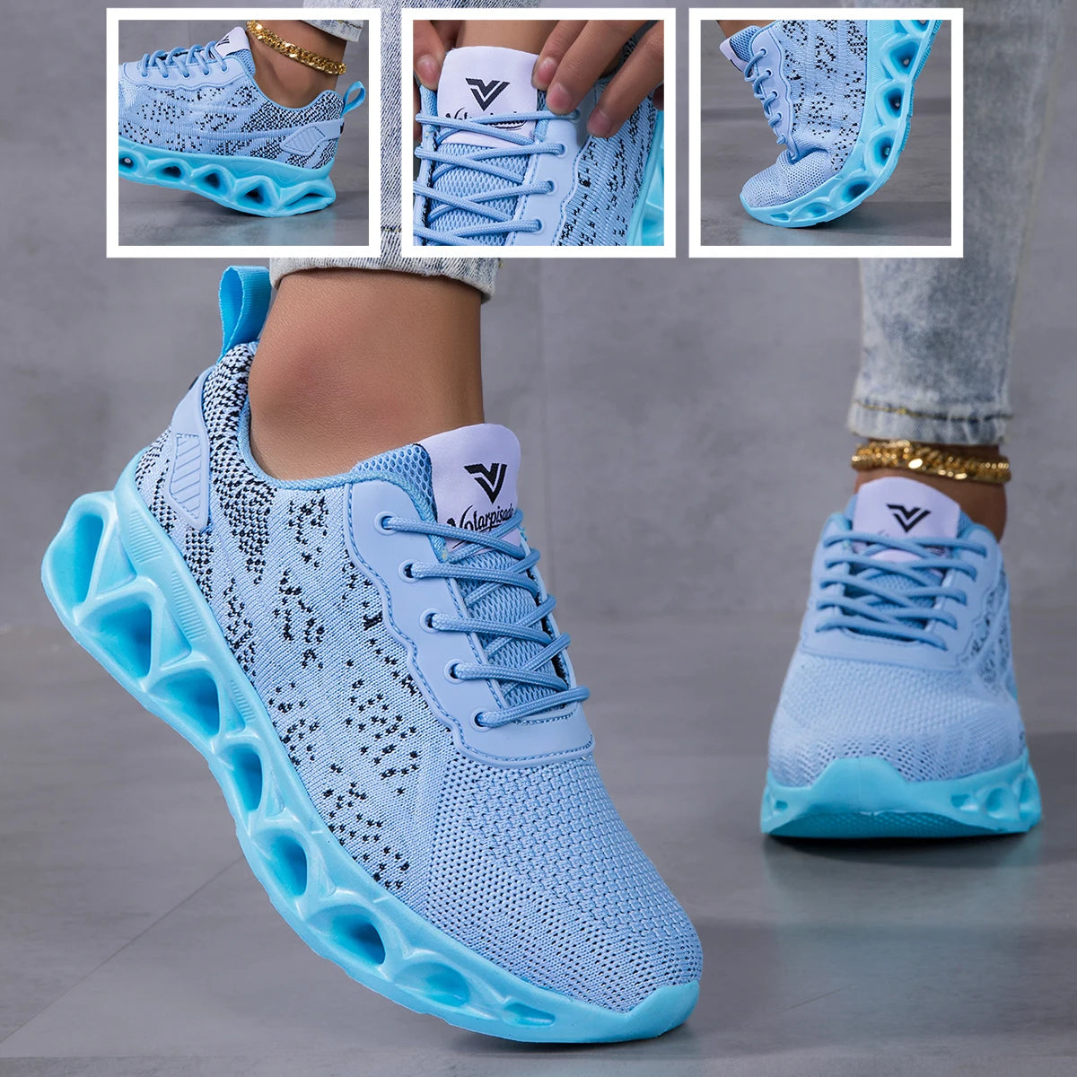 Women Breathable Flying Woven Blade Sneakers Hollow Shock Absorbing/Cushion Athletic Shoes, Lightweight Mesh Non Slip Sneaker