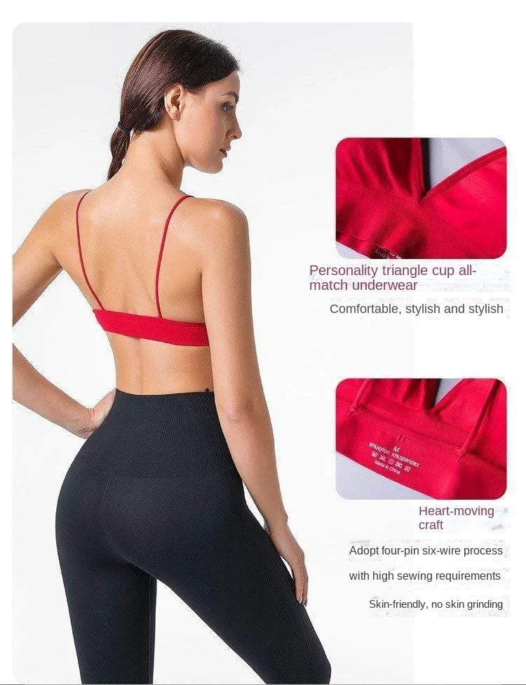Women V Neck Seamless Triangle Cup Bra Camisole Breathable Gather Up/Chest Wrapped Underwear for Sports Fitness Yoga Casual