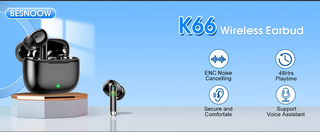 K66 Noise Cancelling Earbuds 90% ANC Reduction 14.2mm/Hi-Res Sound, BT 5.3, IPX7 Waterproof 48H Playtime