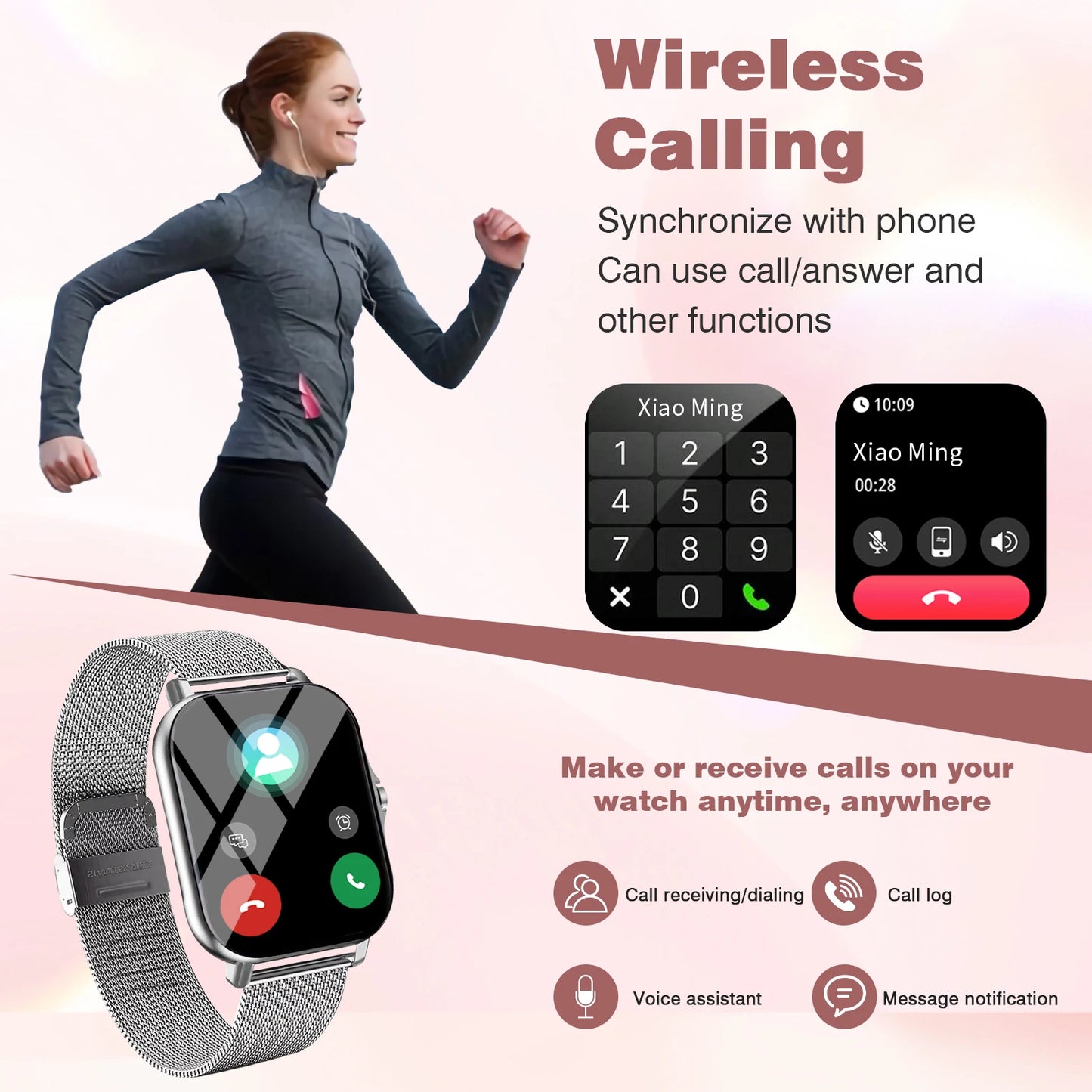 Sports smart watch, sports monitoring wireless calls/message reminders suitable for Android and iPhone