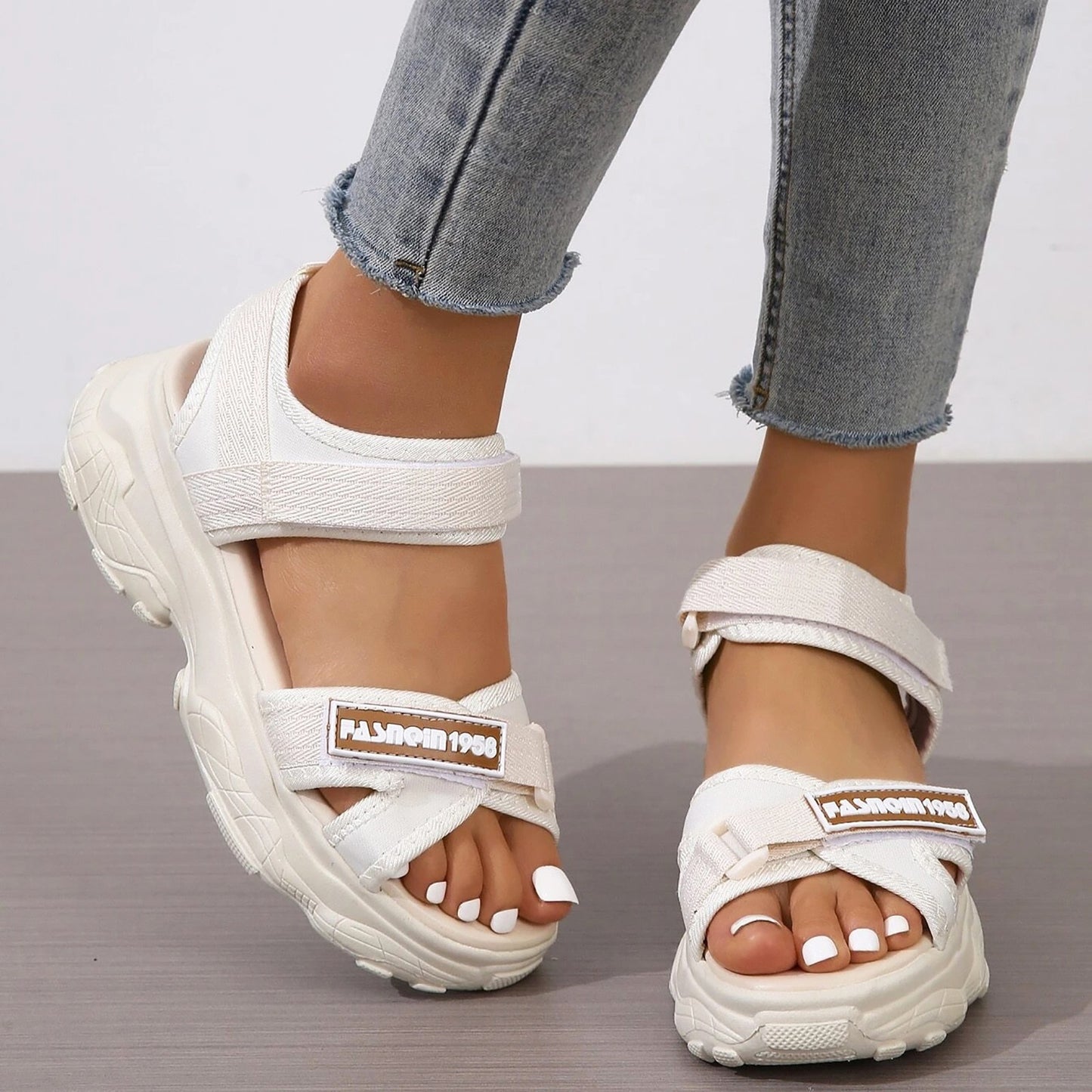 Women Sporty Sandals Polyester Ankle Strap Striped Pattern Shoes/Hook And Loop Fastener Sport Sandals Woman Sneakers