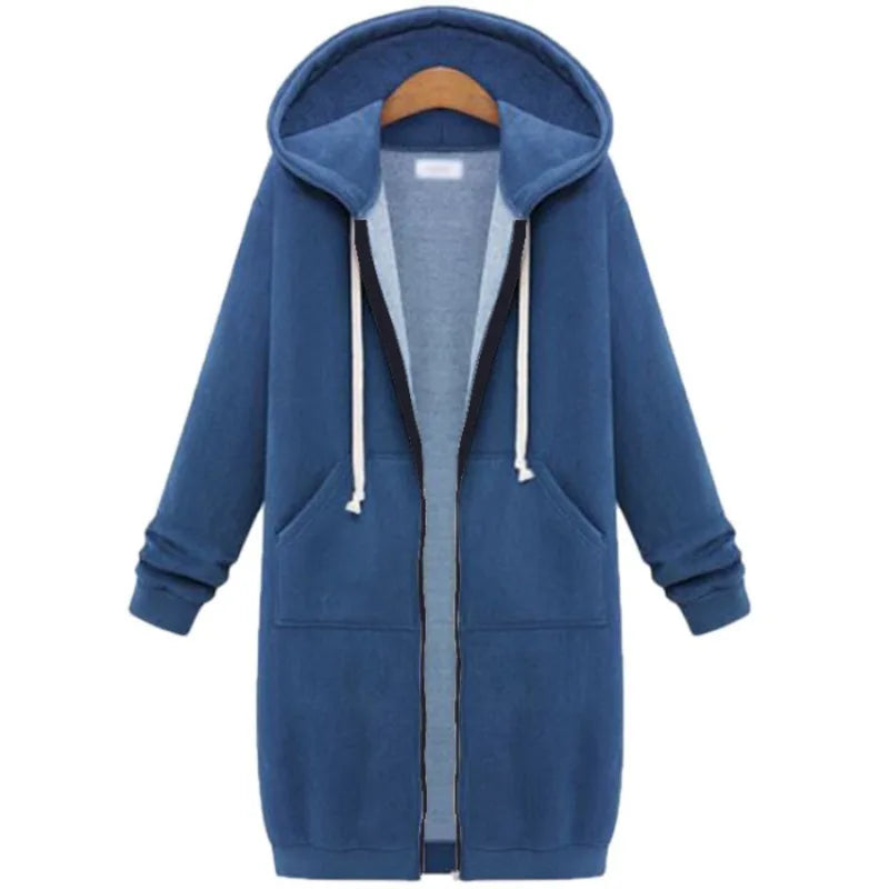 Autumn and Winter Women's Clothing American Hooded/Long-sleeved Medium and Long Sweater Fleece Jacket