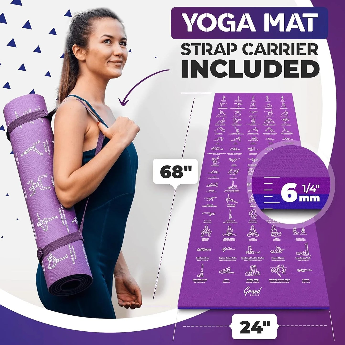 Instructional Yoga Mat with Poses Printed On It & Carrying Strap/75 Illustrated Yoga Poses & 75 Stretches