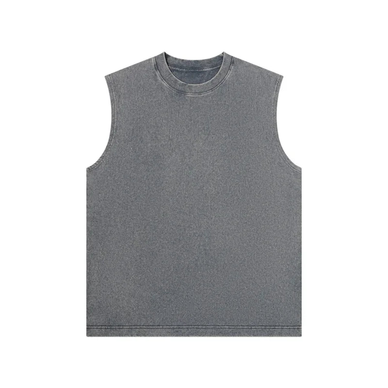 230g Pure Cotton European and American High Street Retro Washed/Distressed Sleeveless Vest Men's Casual Loose Shoulder T-shirt