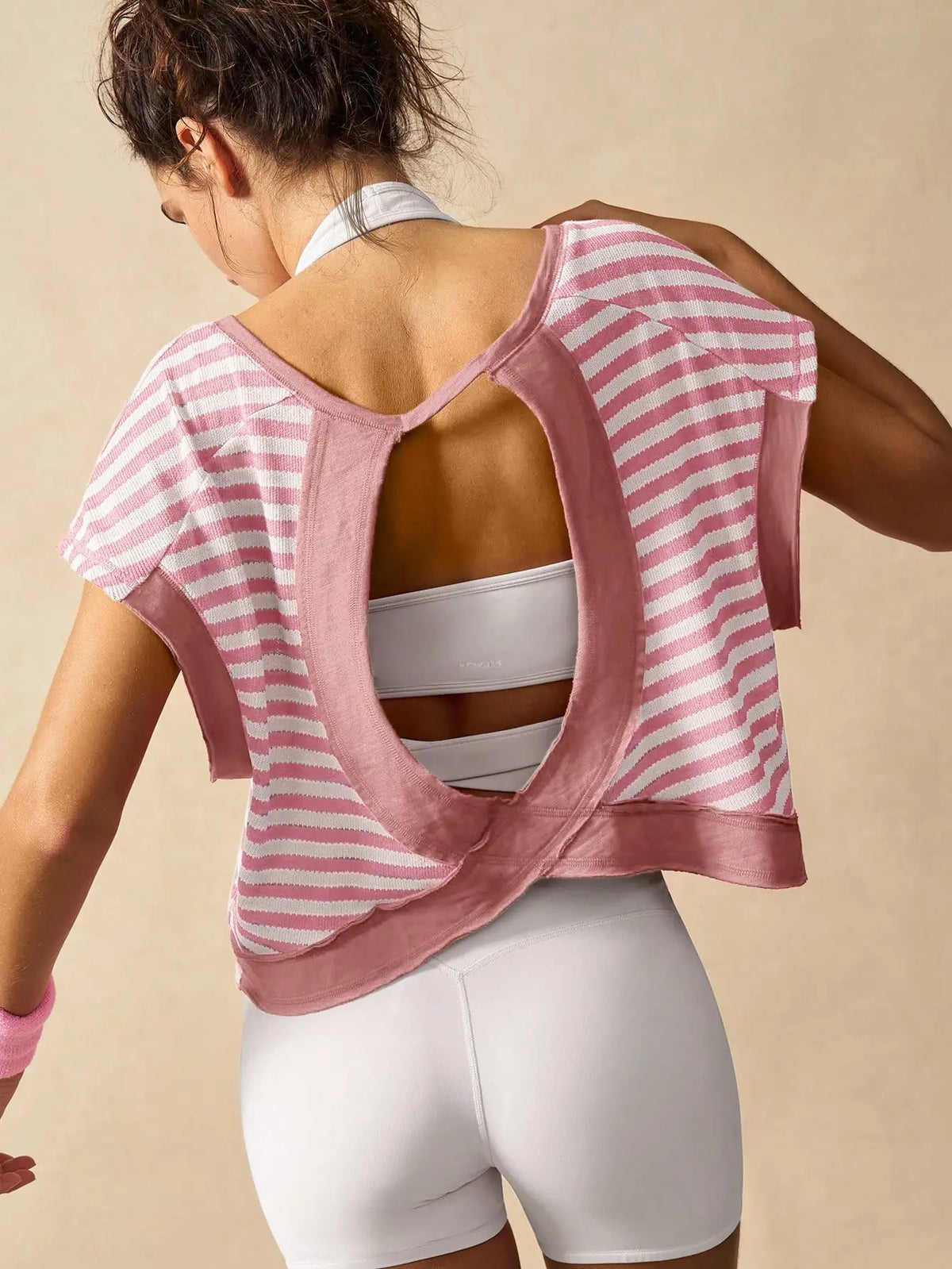 Women Striped Open Back Workout/Top Gym Crop Top Summer Active Wear Shirts