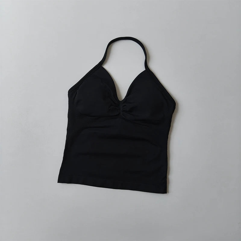 Longline Strappy Seamless Yoga Tank Top Backless/Gym Vest with Built-in Bra Sleeveless Workout Top