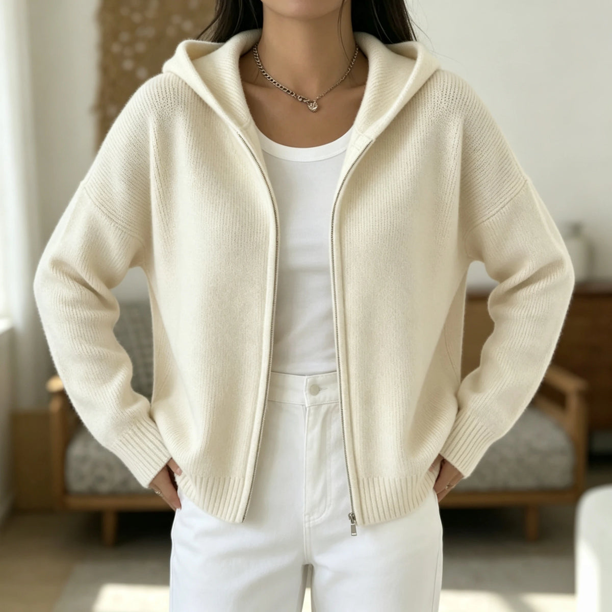Women's Hooded Zip Up Knit Cardigan, Casual Long Sleeve Loose Sweater/Jacket With Pockets Fall Winter Solid Color Outwear