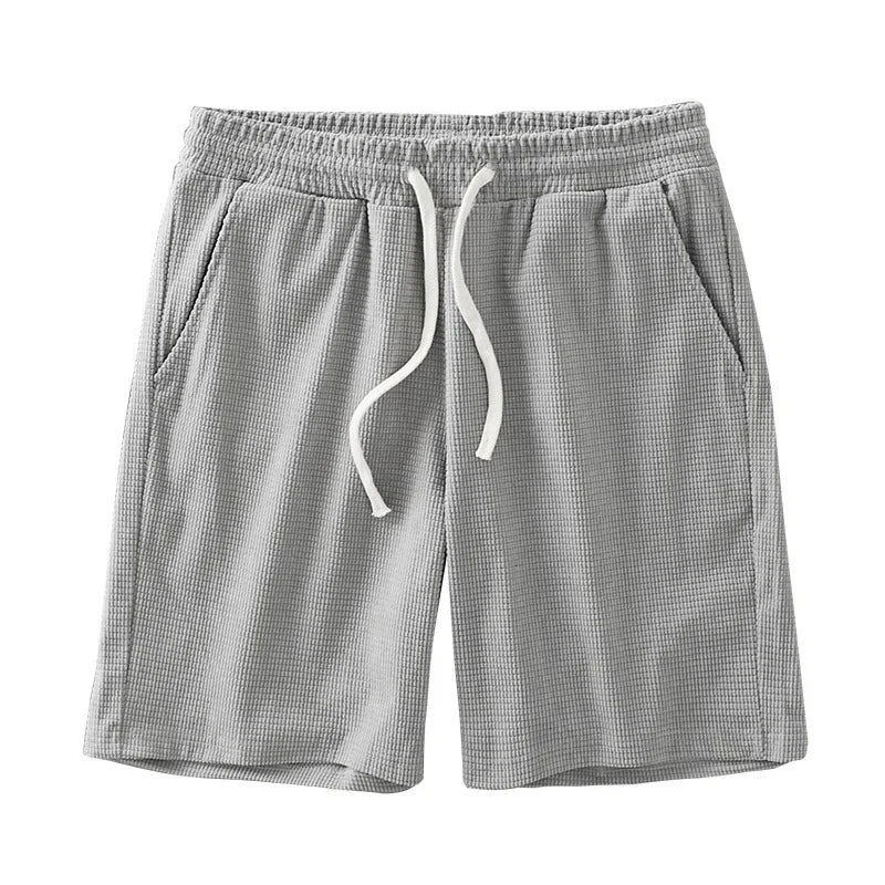 Men Shorts Solid Color Mid Waist Summer Motion Waffle Texture/Deep Crotch Drawstring Male Shorts Loose Knee Length Casual Short