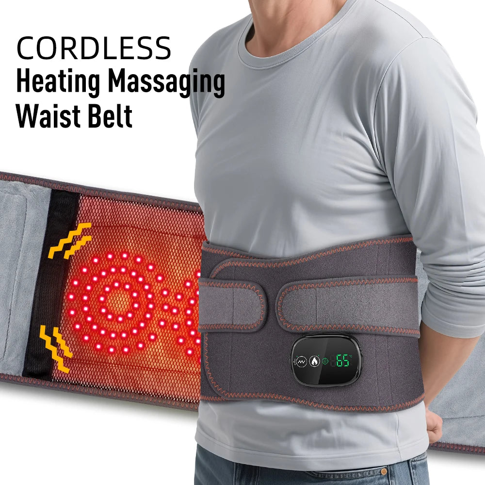 Cordless Heated Waist Massager Belt with Vibration 3-Level Adjustable/Heat & Massage Intensity Rechargeable Lumbar Heating Pad