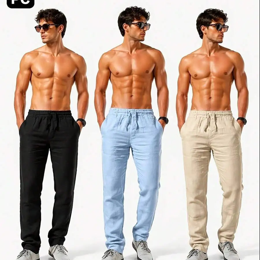 3pcs Men's Casual Summer Pants, Lightweight Breathable/Drawstring Trousers Loose Fit Solid Color Pants For Daily Wear