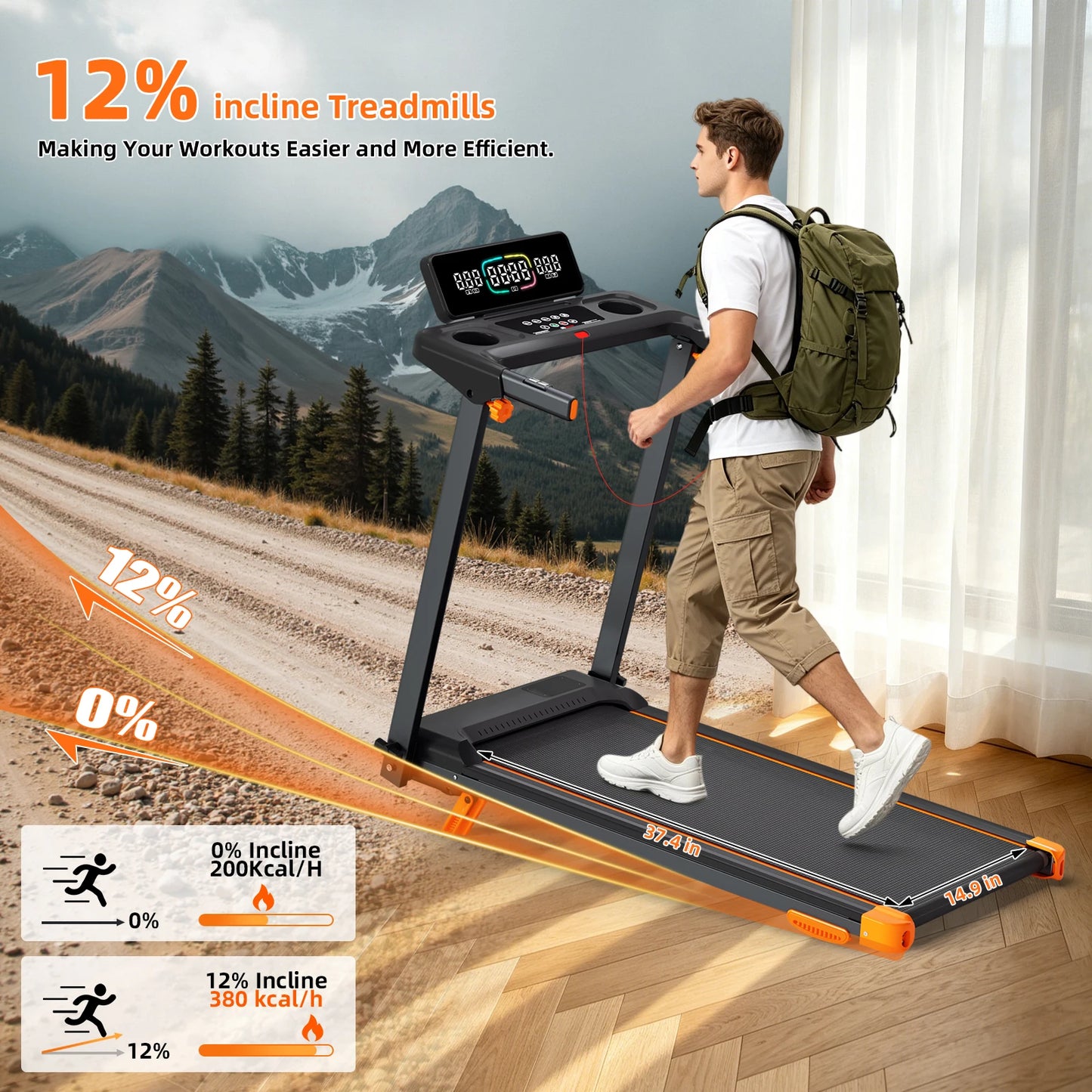Quiet 3-in-1 Foldable Walking Pad Treadmill with 12% Incline for Home/12 Preprogrammed HIIT Modes, Supports up to 300 LBS Smart Treadmill Built