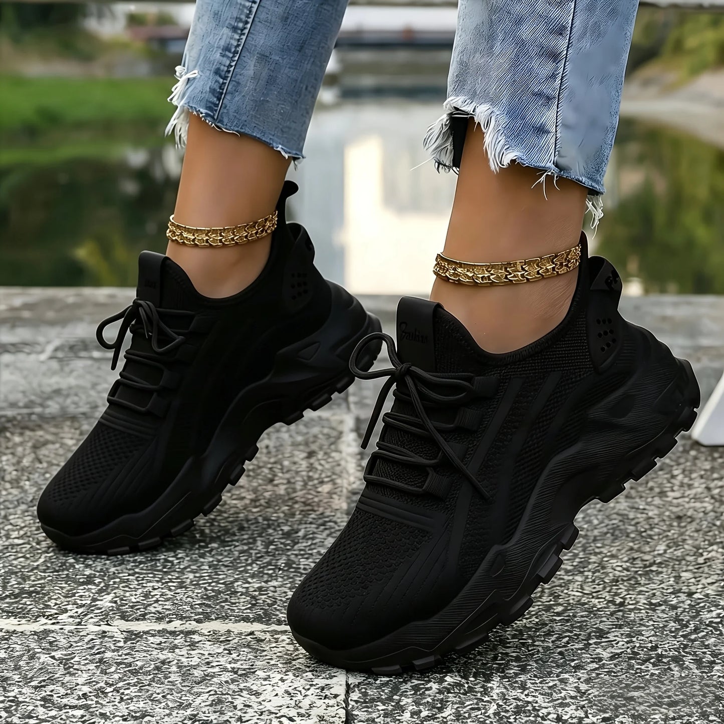 Women Chunky Platform Dad Sneakers, Knit Mesh Lace Up/Wavy Sole Casual Shoes Thick Bottom Non-slip Walking Trainers