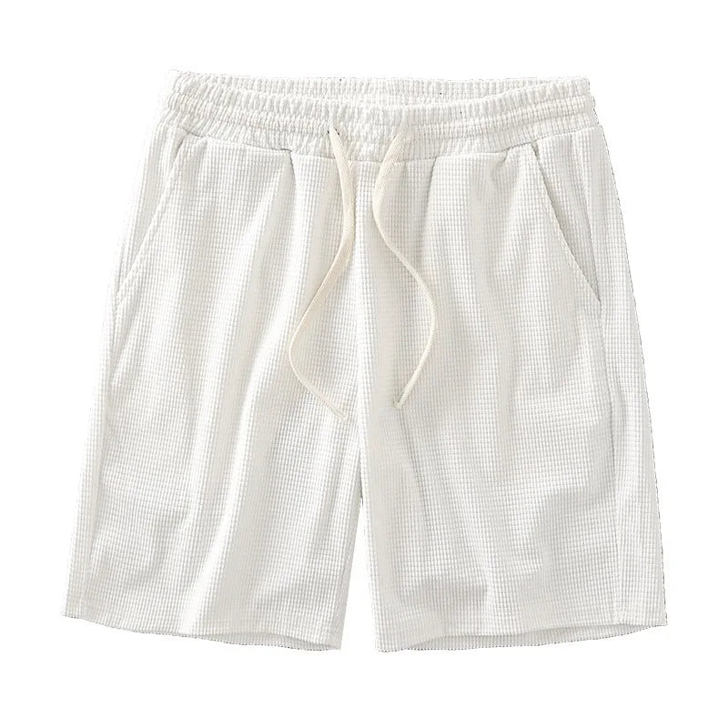 Men Shorts Solid Color Mid Waist Summer Motion Waffle Texture/Deep Crotch Drawstring Male Shorts Loose Knee Length Casual Short